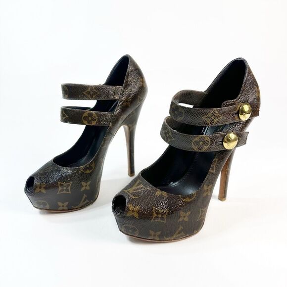 Louis Vuitton Shoes - LOUIS VUITTON Ritual Fetish Platform Pumps Size 38 Brown Monogram Peep Toe